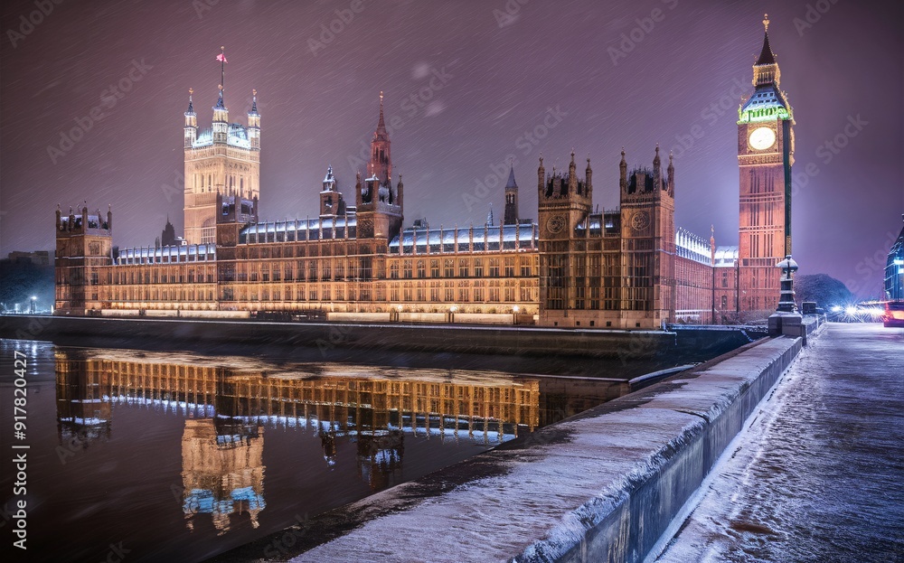 Fototapeta premium Winter night view of London iconic Westminster Palace and Big Ben, London.