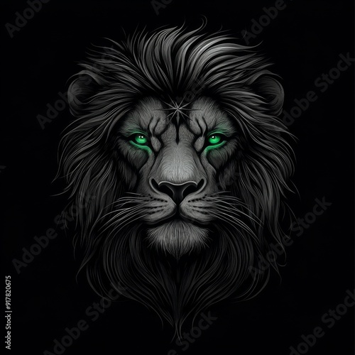 A black lion with striking green eyes on a stark black background