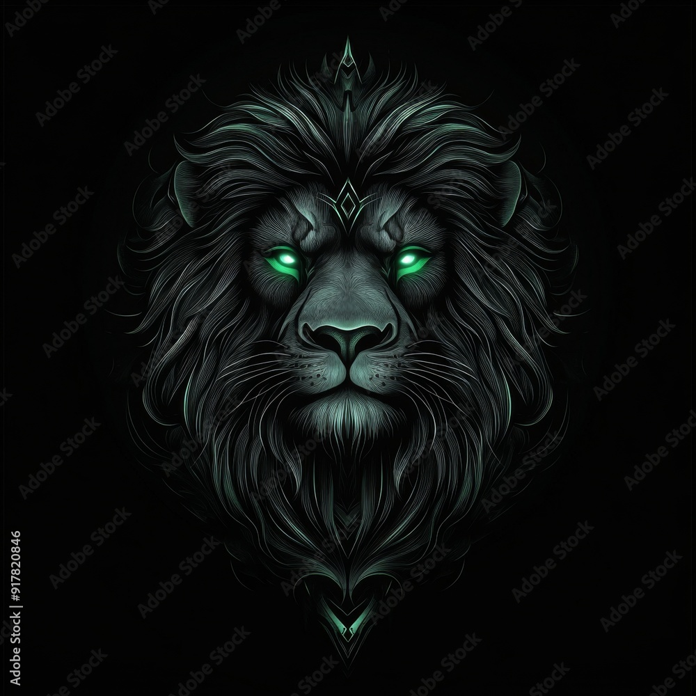 A black lion with striking green eyes on a stark black background A black lion with striking green eyes on a stark black background