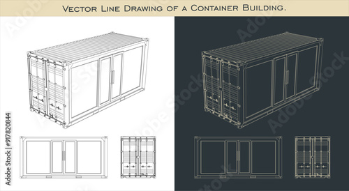 Set Cargo Container 20ft building line drawings. blueprint wireframe from all view top corner side back isolated in transparent background 