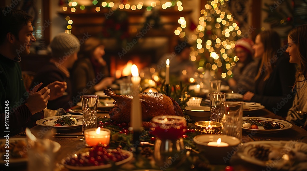 A cozy winter holiday dinner party, table laden with a turkey roast, cranberry sauce, and festive decor, guests in holiday sweaters, warm lighting from candles and a fireplace, A cozy winter holiday dinner party, table laden with a turkey roast, cranberry sauce, and festive decor, guests in holiday sweaters, warm lighting from candles and a fireplace,
