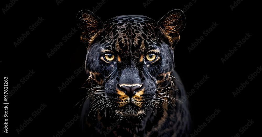 Obraz premium Front view of Panther on black background. Wild animals banner with copy space. Predator series.&nbsp;