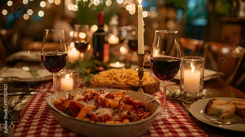 A festive Italian-themed dinner party, table adorned with red checkered tablecloths, pasta dishes, and wine, guests enjoying the evening in a cozy setting, warm ambient lighting,