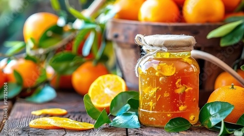  A glass jar holding liquid rests atop a wooden table, surrounded by oranges and a pile of leaves