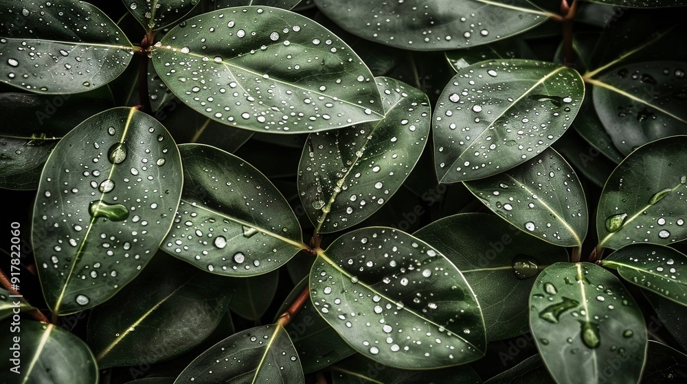 Fototapeta premium Close-up photo of a cluster of green leaves dotted with water droplets