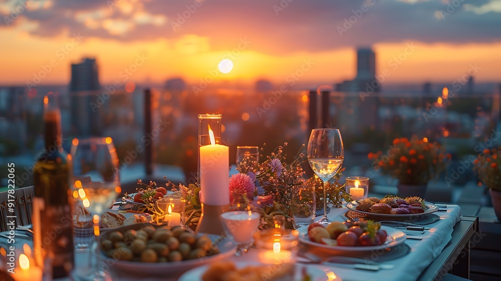 A rooftop dinner party scene, beautifully set table with candles and flowers, guests enjoying food and drinks, stunning sunset with a cityscape view, warm and vibrant lighting, soft focus, A rooftop dinner party scene, beautifully set table with candles and flowers, guests enjoying food and drinks, stunning sunset with a cityscape view, warm and vibrant lighting, soft focus,