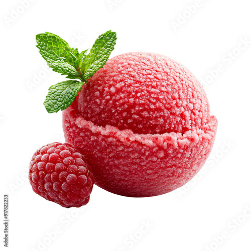 Delicious raspberry sorbet garnished with fresh mint, perfect for summer treats or dessert photography. photo