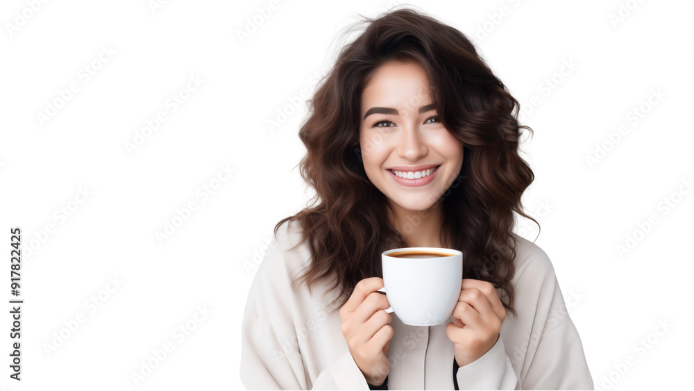 Portrait of a smiling young woman holding a cup of coffee and drinking coffee, isolated on transparent background Portrait of a smiling young woman holding a cup of coffee and drinking coffee, isolated on transparent background