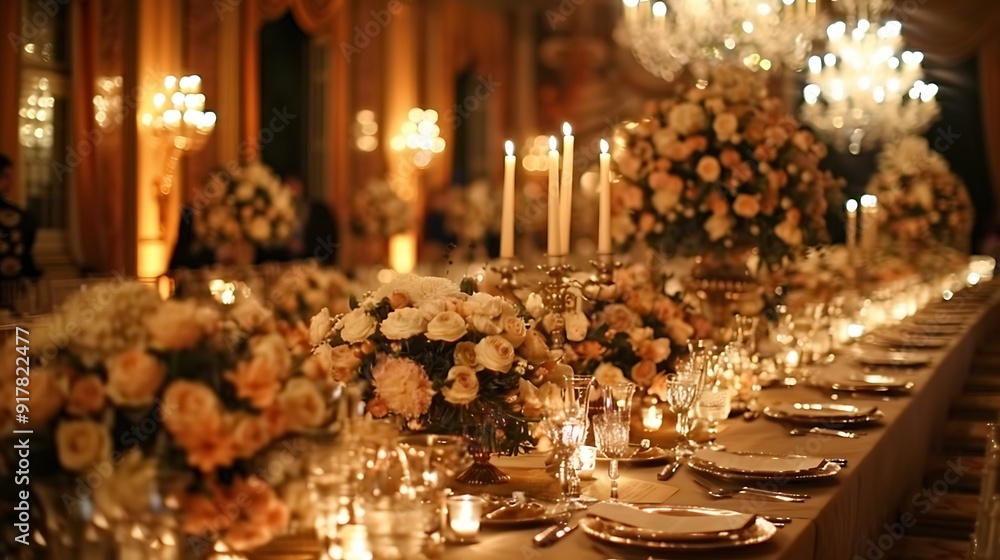 A sophisticated formal dinner party, long table adorned with fine silverware and candelabras, chandeliers casting a soft glow, guests in formal attire, opulent floral centerpieces, A sophisticated formal dinner party, long table adorned with fine silverware and candelabras, chandeliers casting a soft glow, guests in formal attire, opulent floral centerpieces,