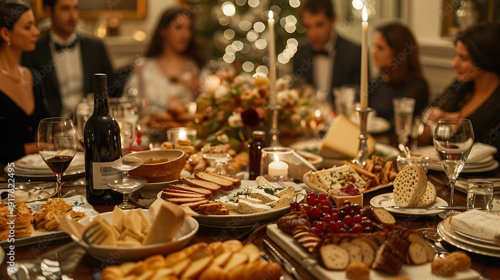 Naklejka premium A sophisticated French cuisine dinner party, long table covered with fine wine, assorted cheeses, and delicate pastries, guests in formal attire, warm ambient lighting,