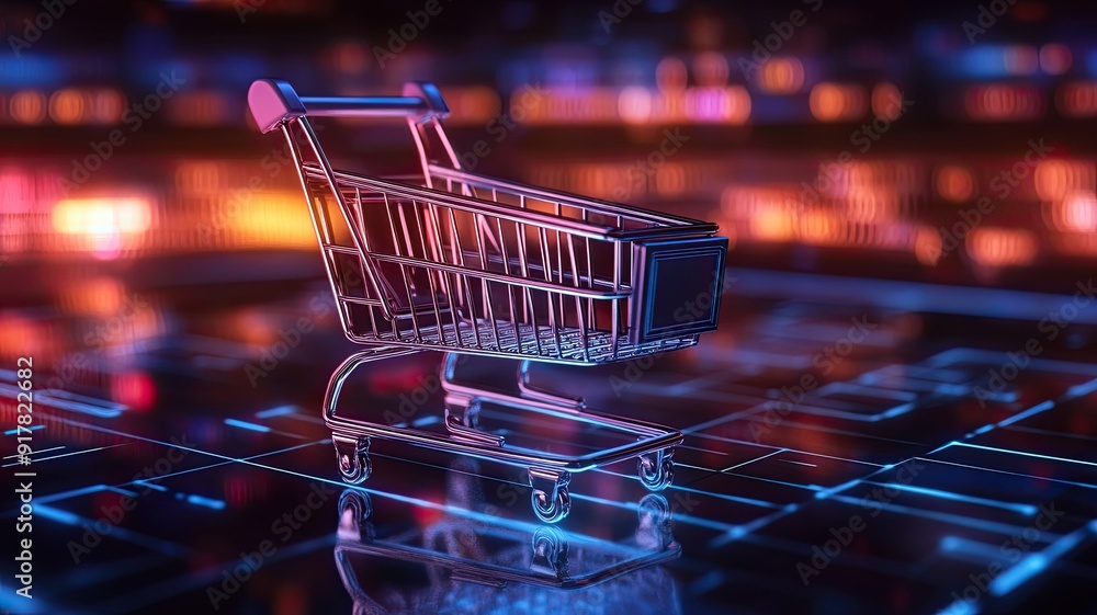 Futuristic shopping cart in a digital environment, A metallic shopping cart illuminated by neon lights in a digital, futuristic setting, representing online shopping and e-commerce technology.
Futuristic shopping cart in a digital environment, A metallic shopping cart illuminated by neon lights in a digital, futuristic setting, representing online shopping and e-commerce technology.
