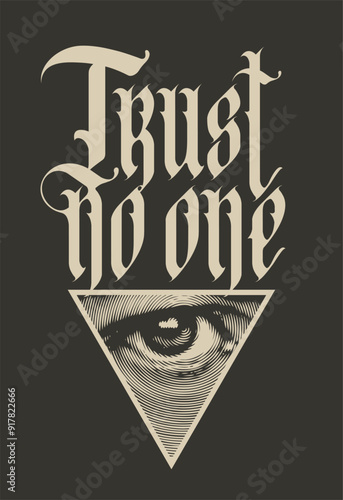 Vector coat of arms with Masonic symbol All-seeing eye of God. Black-white banner in retro style with eye of Providence and inscription gothic font Trust no one