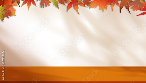 Autumn background,Fall studio with maple leaves border frame on  wall,Orange Podium Display with light,shadow,Backdrop Scene for Thanksgiving Advertising,Vector Template banner for Product Promotion