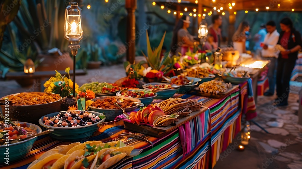 A vibrant Mexican-themed dinner party, long table adorned with colorful tablecloths and decorations, taco bar with various fillings and toppings, guests in festive attire, warm ambient lighting, A vibrant Mexican-themed dinner party, long table adorned with colorful tablecloths and decorations, taco bar with various fillings and toppings, guests in festive attire, warm ambient lighting,