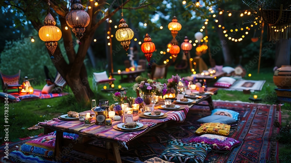 A vibrant outdoor bohemian dinner party, long table adorned with colorful cushions and lanterns, guests in relaxed boho attire enjoying the evening, warm lighting creating a cozy atmosphere, A vibrant outdoor bohemian dinner party, long table adorned with colorful cushions and lanterns, guests in relaxed boho attire enjoying the evening, warm lighting creating a cozy atmosphere,