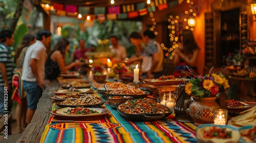 A vibrant Mexican-themed dinner party, long table adorned with colorful tablecloths and decorations, taco bar with various fillings and toppings, guests in festive attire, warm ambient lighting,