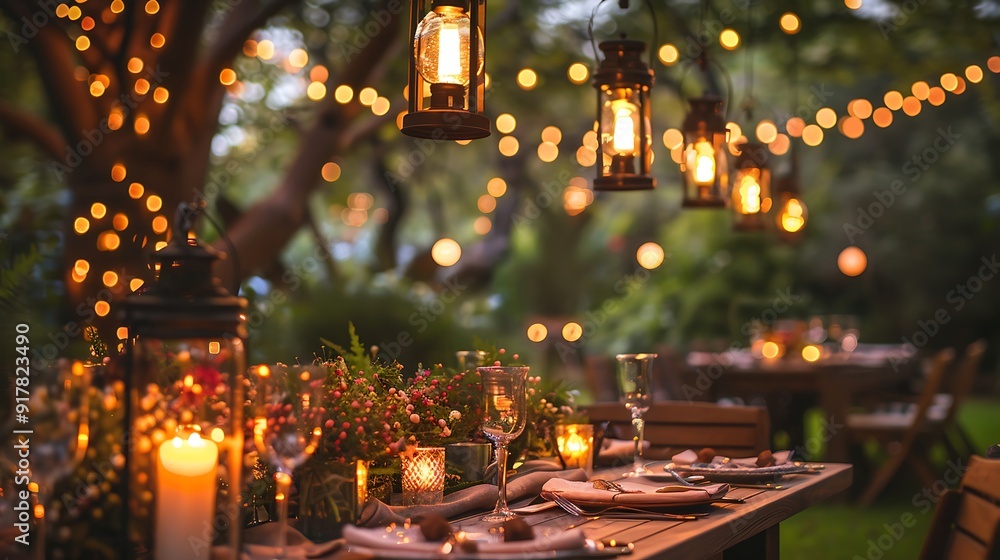 An enchanting garden dinner party at twilight, fairy lights casting a soft glow over an elegantly set table with floral arrangements, guests engaged in lively conversation, An enchanting garden dinner party at twilight, fairy lights casting a soft glow over an elegantly set table with floral arrangements, guests engaged in lively conversation,