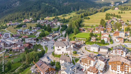Aerial drone view of San Vito di Cadore, a charming town in Italy. View of Italian village in the dolomites during daytime in summer. 16 july 2024, San Vito di Cadore, Italy