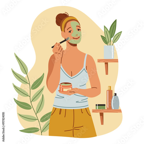 Young woman applying clay mask onto face flat color vector illustration. Lady taking care of skin with cleansing product concept icon on white