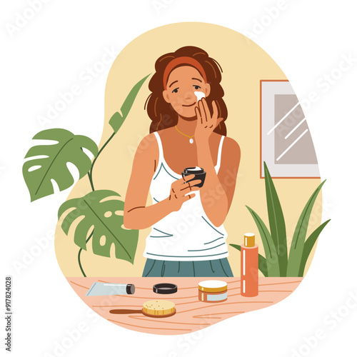 Happy woman applying cream onto face flat color vector illustration. Lady using cosmetic product at home concept icon on white background