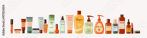 Cosmetic products with natural elements 2D cartoon objects set. Makeup supplies and skincare treatment flat line vector objects on white background