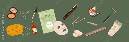 Makeup and organic cosmetic products 2D cartoon objects set. Pampering procedures and skin treatment flat line vector objects on green background