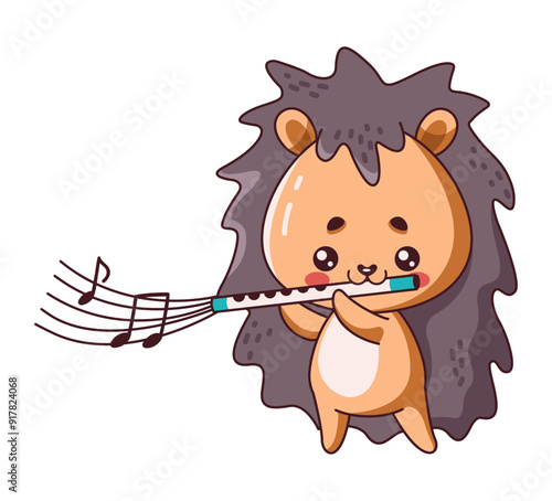 Kawaii hedgehog holds flute flat vector illustration. Whimsical hedgehog creates series of melodic notes on flute icon on white background