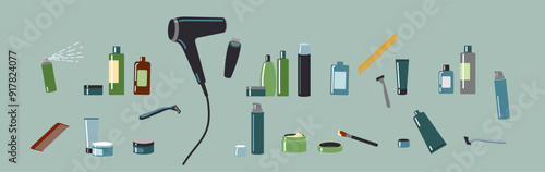 Cosmetic products and beauty supplies 2D cartoon objects set. Skincare treatment remedies and tools flat line vector elements green background