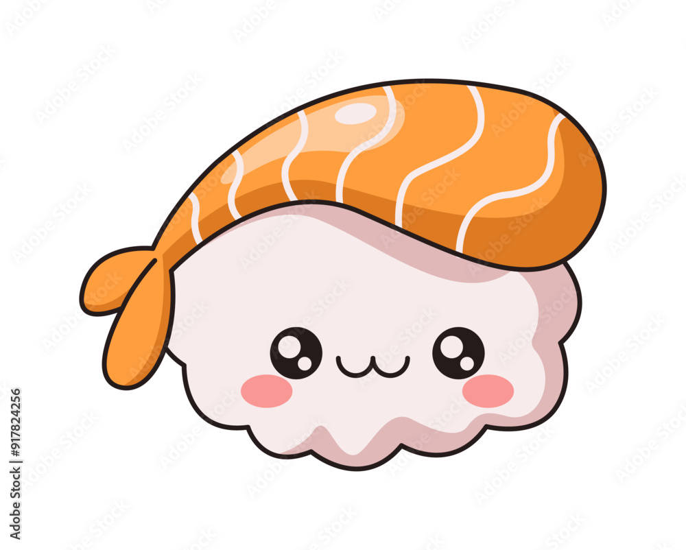 Funny sashimi with prawn and smiling face flat color vector illustration. Asian healthy food. Kawaii seafood character on white background Funny sashimi with prawn and smiling face flat color vector illustration. Asian healthy food. Kawaii seafood character on white background