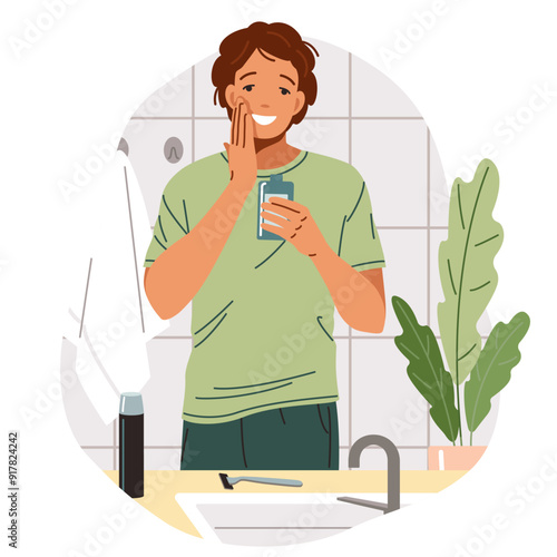 Smiling man moisturizing skin after shaving in bathroom flat color vector illustration. Happy guy applying balm onto face concept icon on white