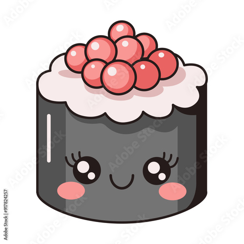 Whimsical sashimi with red caviar flat color vector image. Kawaii seafood character embodies Asian cuisine on white background