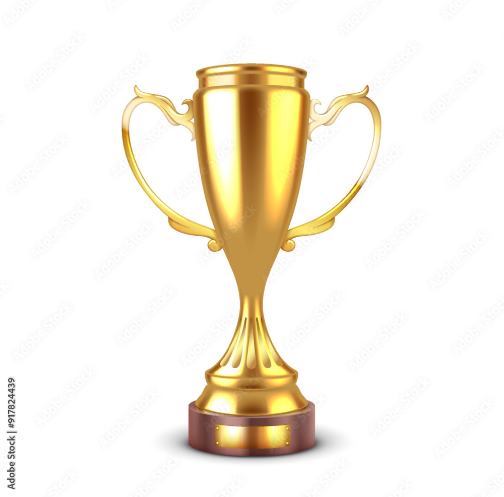 Golden metal cup for best in contest realistic vector illustration. Elegant reward with handles on podium 3d object on white background Golden metal cup for best in contest realistic vector illustration. Elegant reward with handles on podium 3d object on white background