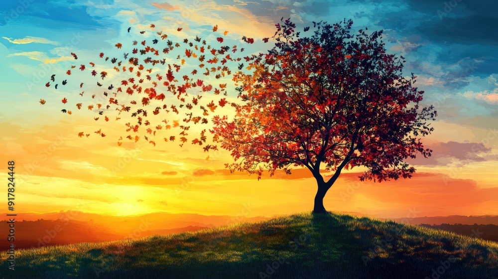An autumn tree silhouette with colorful leaves outlined against a stunning sunset, capturing the essence of fall. An autumn tree silhouette with colorful leaves outlined against a stunning sunset, capturing the essence of fall.