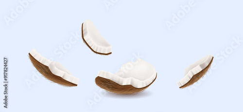 Coconut pieces floating realistic vector illustration. Exotic dessert. Fresh tropical fruit cracked in parts 3d object on light background
