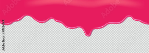 Realistic 3D dripping glossy pink chewing gum isolated on a transparent background. Border of flowing sticky sweet slime. Vector template of slime, cream or caramel icing for cake or donut