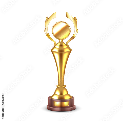 Golden reward with blank medal and wreath realistic vector illustration. Glowing metal trophy symbol 3d object on white background