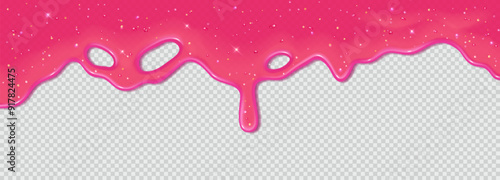 Realistic 3D dripping glossy pink slime with glitter isolated on transparent background. Border of flowing sticky sweet jelly. Vector template of chewing gum, cream or caramel icing for cake or donut