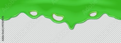 Green flowing toxic slime. Liquid wave of paint or sauce on transparent background. 3d realistic vector illustration. Halloween design. Flowing molten clot. Top horizontal border of the frame