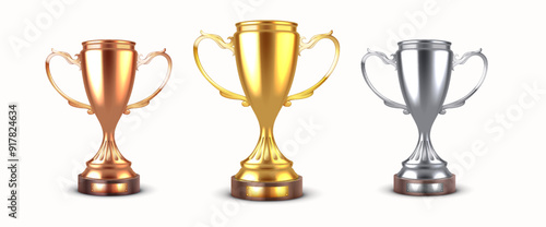 Contest winners rewards realistic vector illustration set. Golden, silver and bronze trophy goblets 3d models on white background