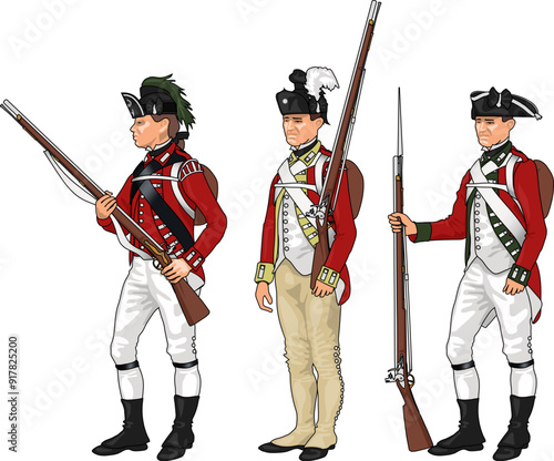 Set of Three British Soldiers in Uniforms from Various Regiments from American Revolutionary War Holding Muskets or Rifles, Illustration Isolated on White Background, EPS 10 Vector
