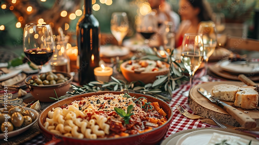 Naklejka premium An outdoor Italian-themed dinner party, table covered with red checkered tablecloths, various pasta dishes and wine, guests laughing and chatting, warm ambient lighting creating a festive atmosphere,