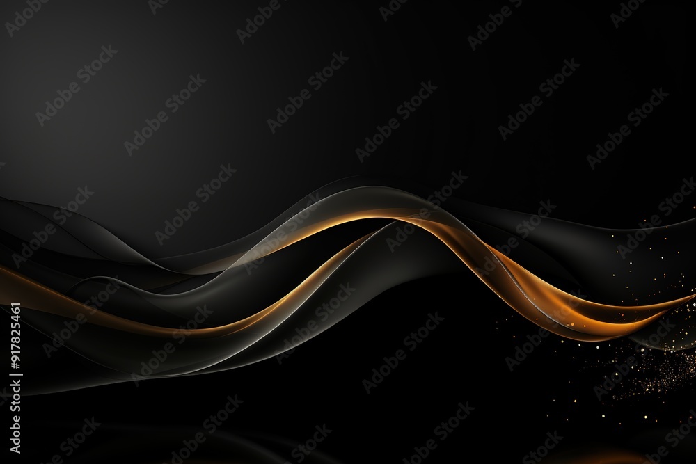 Abstract black background with golden waves and glowing particles. Abstract black background with golden waves and glowing particles.