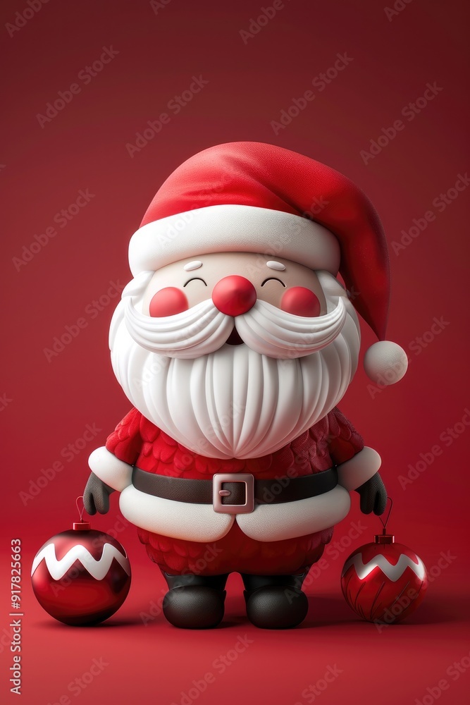 A jolly Santa Claus in a red suit holds a red Christmas ornament