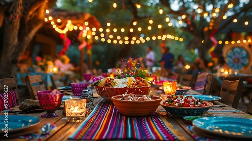 An outdoor Mexican-themed dinner party, table set with colorful plates and napkins, taco bar filled with a variety of ingredients, guests enjoying the evening in vibrant attire,