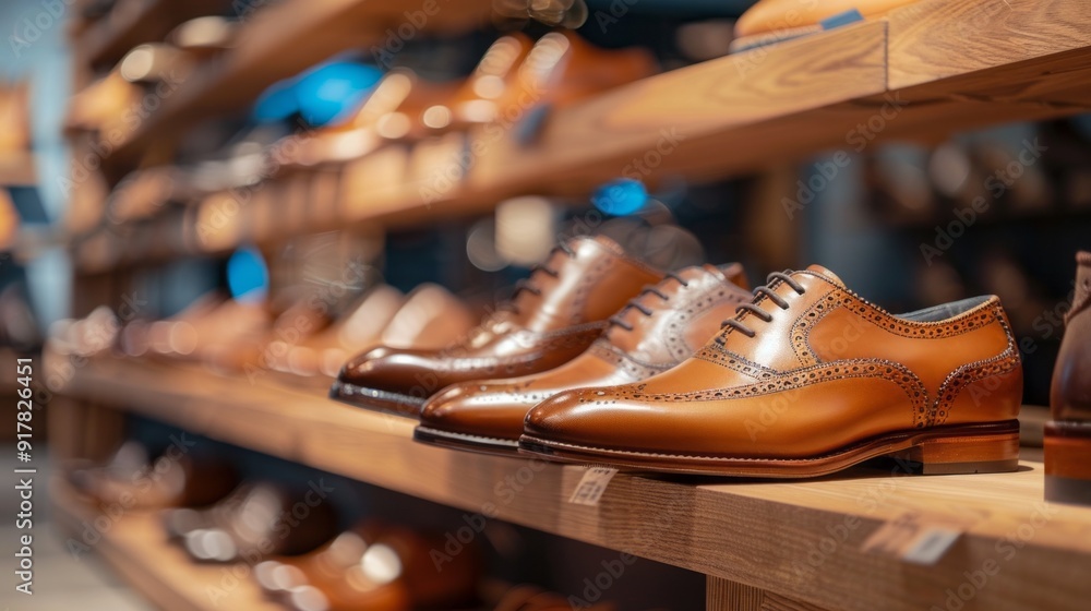 A pair of brown shoes are displayed on a shelf in a store A pair of brown shoes are displayed on a shelf in a store