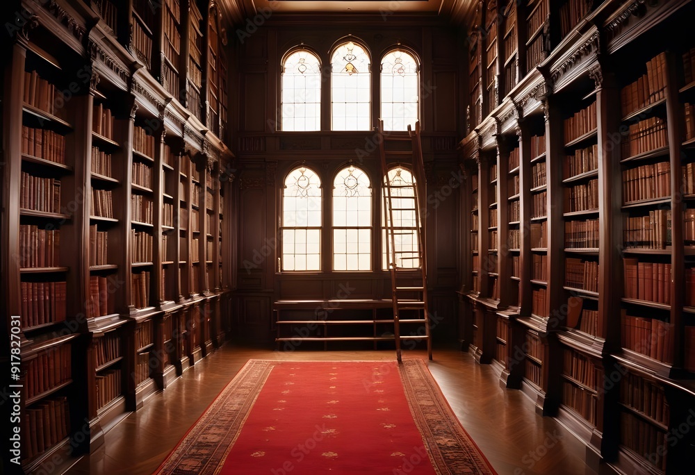 A large ornate library with high ceilings, wooden bookshelves lining the walls, and arched windows letting in natural light. There is a wooden ladder A large ornate library with high ceilings, wooden bookshelves lining the walls, and arched windows letting in natural light. There is a wooden ladder
