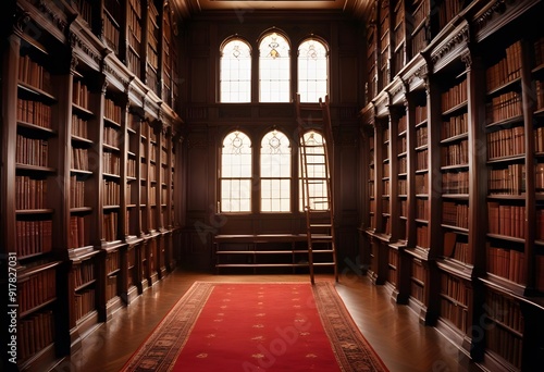 A large ornate library with high ceilings, wooden bookshelves lining the walls, and arched windows letting in natural light. There is a wooden ladder 