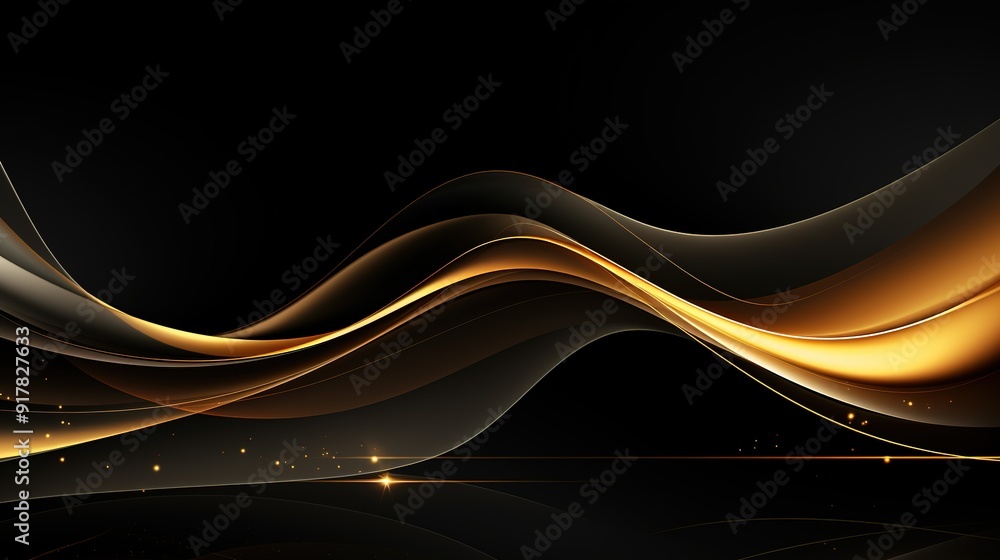 Abstract black background with golden waves and sparkling lights. Abstract black background with golden waves and sparkling lights.