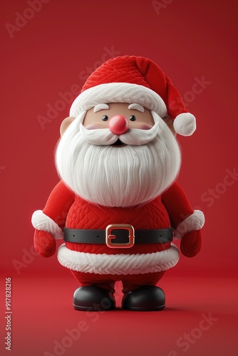 A jolly Santa Claus stands in front of a red background