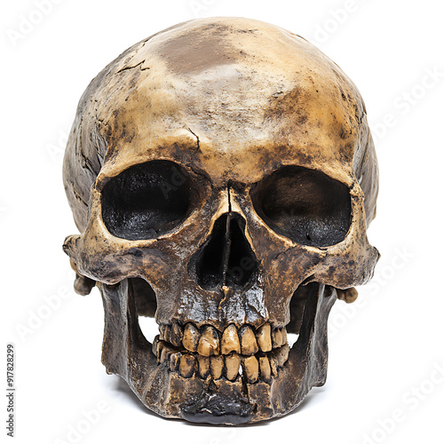 Skull, white background, traces of biological civilization